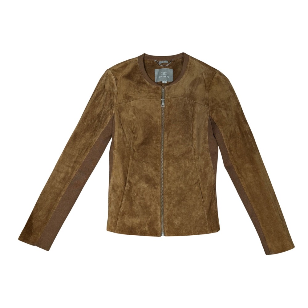 Soia & Kyo Brown Suede Zip Jacket Ribbed Knit Slim Fit XS Chic Moto Minimalist